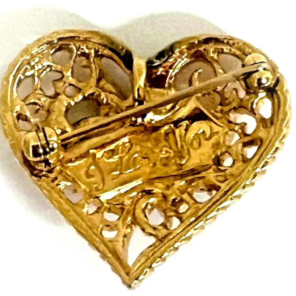 Heart Brooch Enameled Gold Tone with Rhinestone Center Engraved I Love You